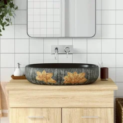 Sanitair & Loodgietersbenodigdheden*vidaXL Opzetwasbak ovaal 59x40x14 cm keramiek grijs en zwart Grijs en bruin