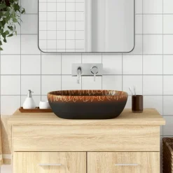 Sanitair & Loodgietersbenodigdheden*vidaXL Opzetwasbak ovaal 47x33x13 cm keramiek Zwart en oranje