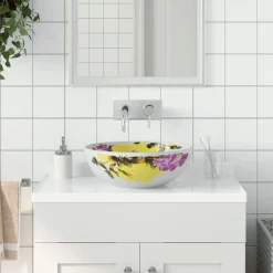 Sanitair & Loodgietersbenodigdheden*vidaXL Opzetwasbak rond Φ41x14 cm keramiek meerkleurig Geel en wit