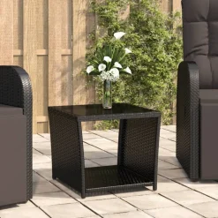 Tuinmeubelen*vidaXL Salontafel met glazen blad poly rattan en gehard glas Zwart