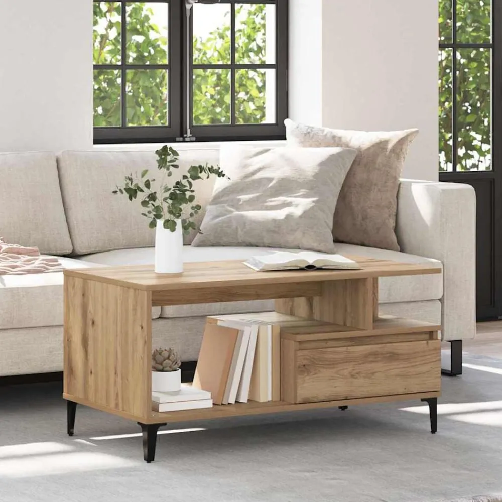 Tafels*vidaXL Salontafel met lade Artisan Eiken 90 x 49 x 45 cm Bewerkt hout artisanaal eikenkleurig