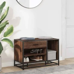 Schoenenbank 80x40x53,5 cm bewerkt hout en metaal bruin eiken><noscript><img width=