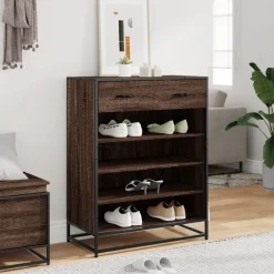 Schoenenkast 75x38x97,5 cm bewerkt hout en metaal bruin eiken><noscript><img width=