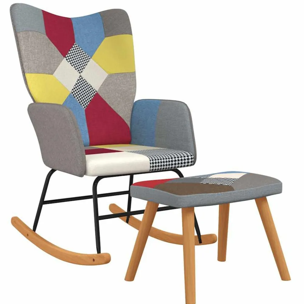 Stoelen*vidaXL Schommelstoel met voetenbank patchwork stof Grijs