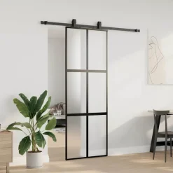 Bouwmaterialen*vidaXL Schuifdeur met beslagset 76x205 cm gehard glas zwart Zwart en mat