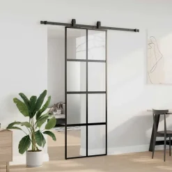 Schuifdeur met beslagset 76x205 cm gehard glas zwart><noscript><img width=