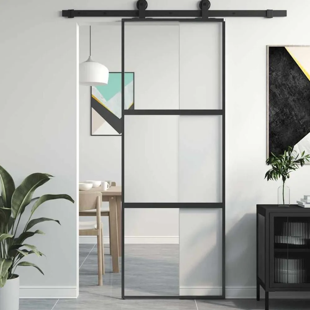 Bouwmaterialen*vidaXL Schuifdeur 76x205 cm gehard glas en aluminium zwart Zwart en transparant en mat
