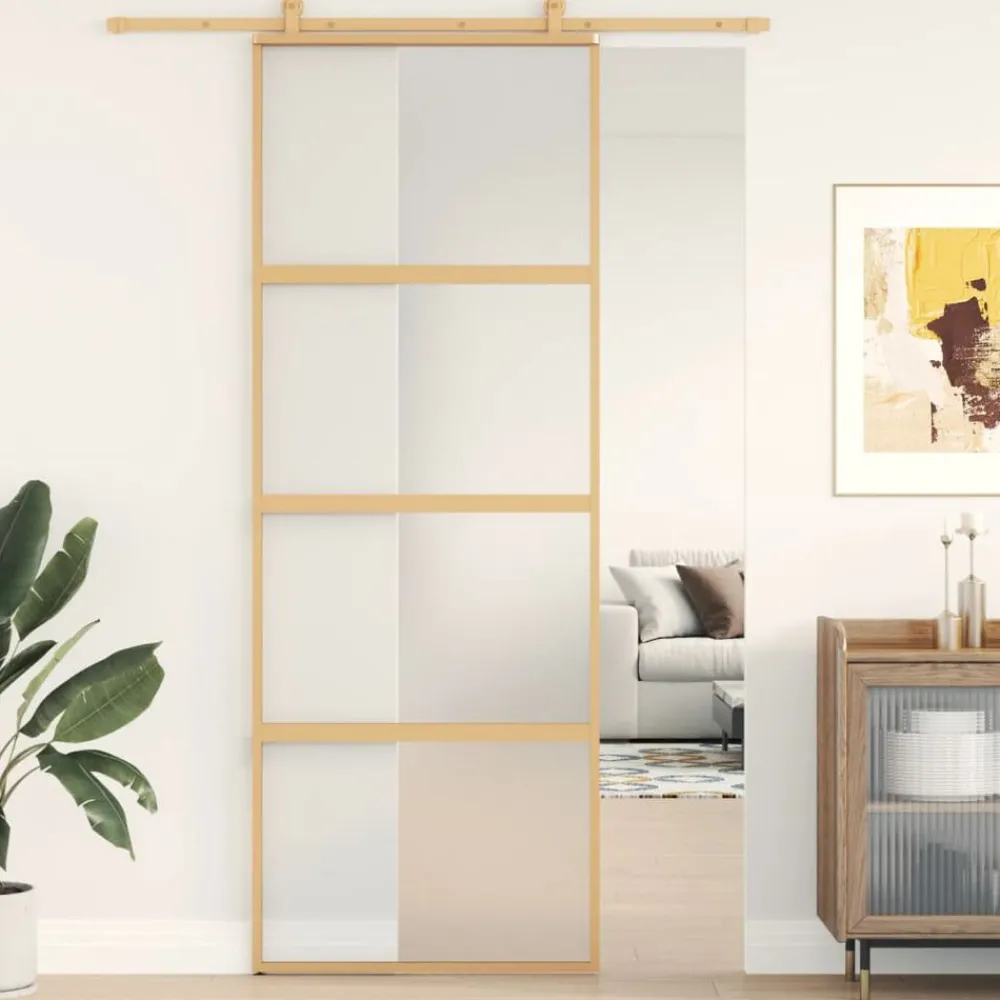 Bouwmaterialen*vidaXL Schuifdeur 76x205 cm mat ESG-glas en aluminium kleurig Goud