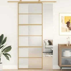 Bouwmaterialen*vidaXL Schuifdeur 76x205 cm mat ESG-glas en aluminium goudkleurig Goudkleurig en mat