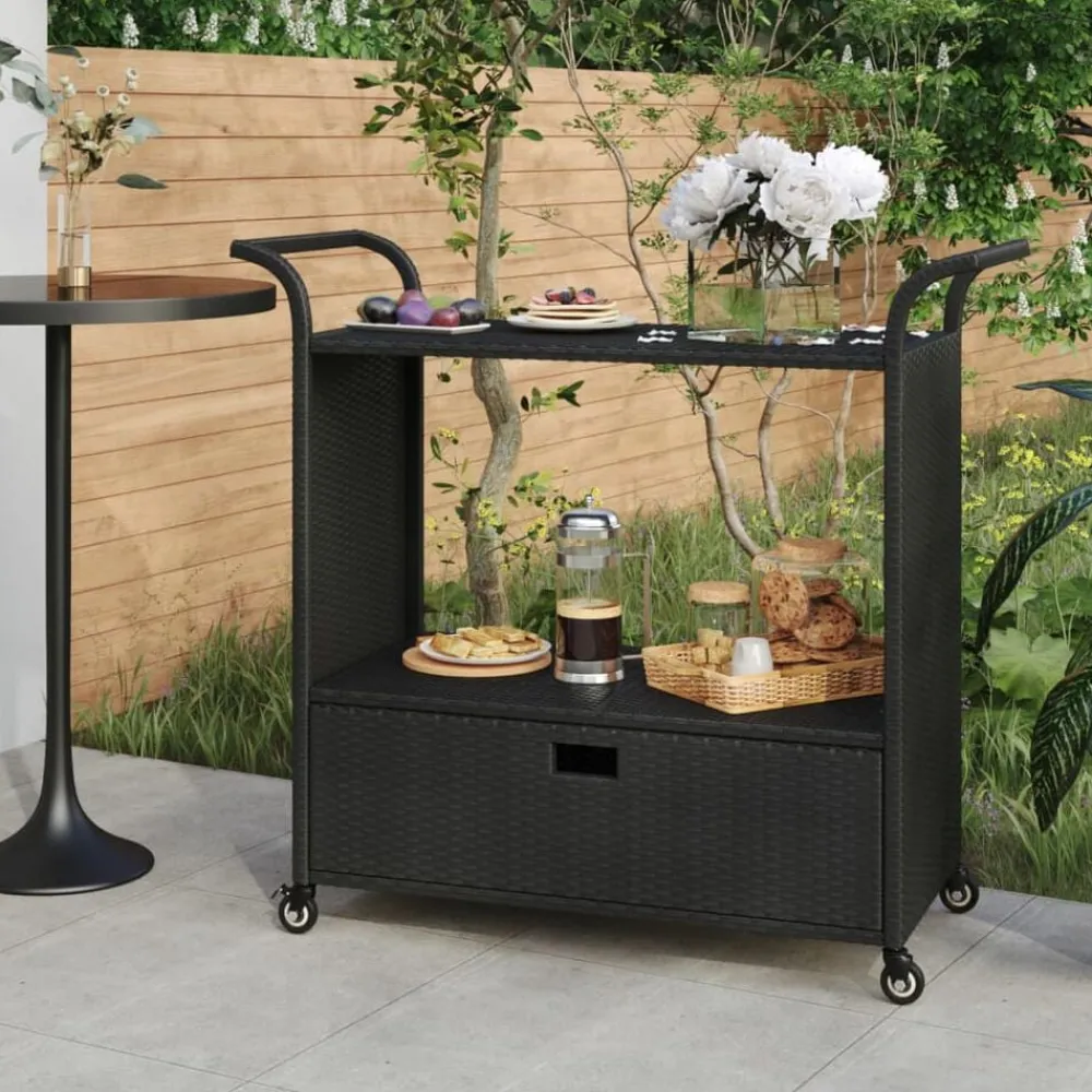 Serveerwagen met lade 100x45x97 cm poly rattan zwart>vidaXL Best