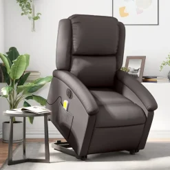 Stoelen*vidaXL Sta-op-massagestoel elektrisch echt leer Donkerbruin