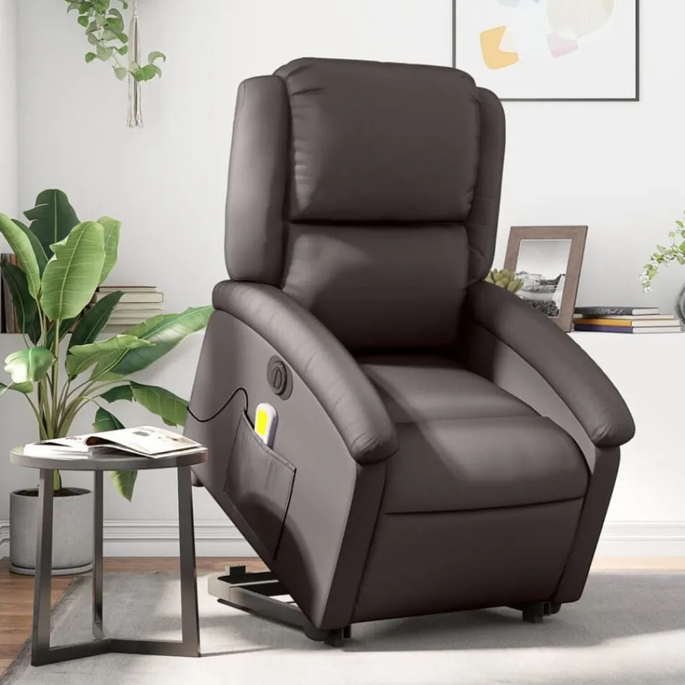 Stoelen*vidaXL Sta-op-massagestoel elektrisch echt leer Donkerbruin