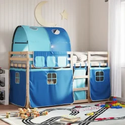Bedden & Accessoires*vidaXL Stapelbed met gordijnen 80x200 cm massief grenenhout Blauw