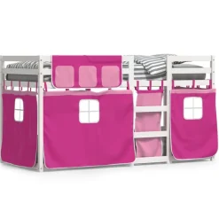 Bedden & Accessoires*vidaXL Stapelbed met gordijnen 90x200 cm grenenhout roze Wit en roze