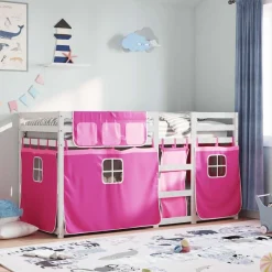 Bedden & Accessoires*vidaXL Stapelbed met gordijnen 90x200 cm grenenhout roze Wit en roze