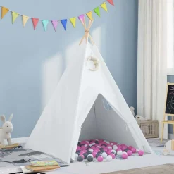 Buitenspeelgoed*vidaXL Teepee Tent Wit 120 x 120 x 150 cm Stof en Plastic Wit/grijs/roze