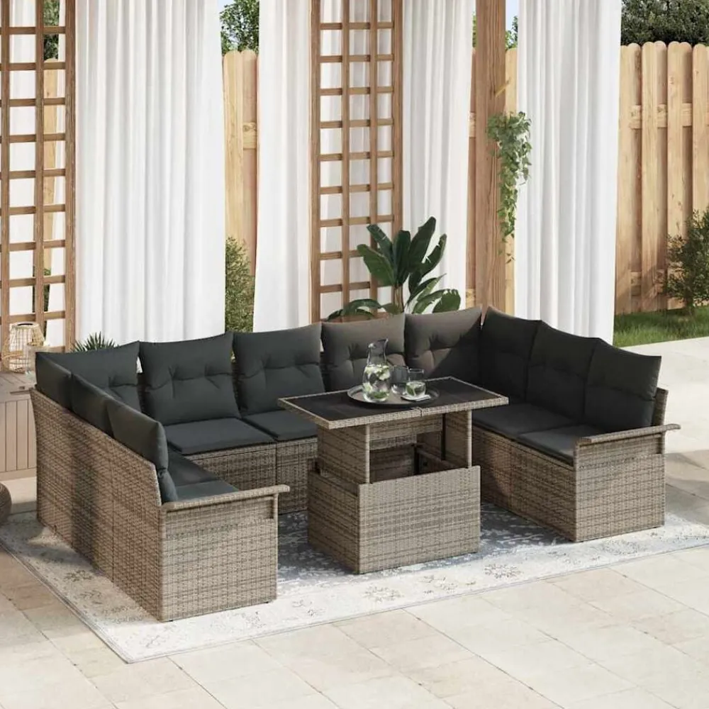 Tuinmeubelen*vidaXL Tuin Sofa Set met kussen 10 pcs Poly riet Grijs