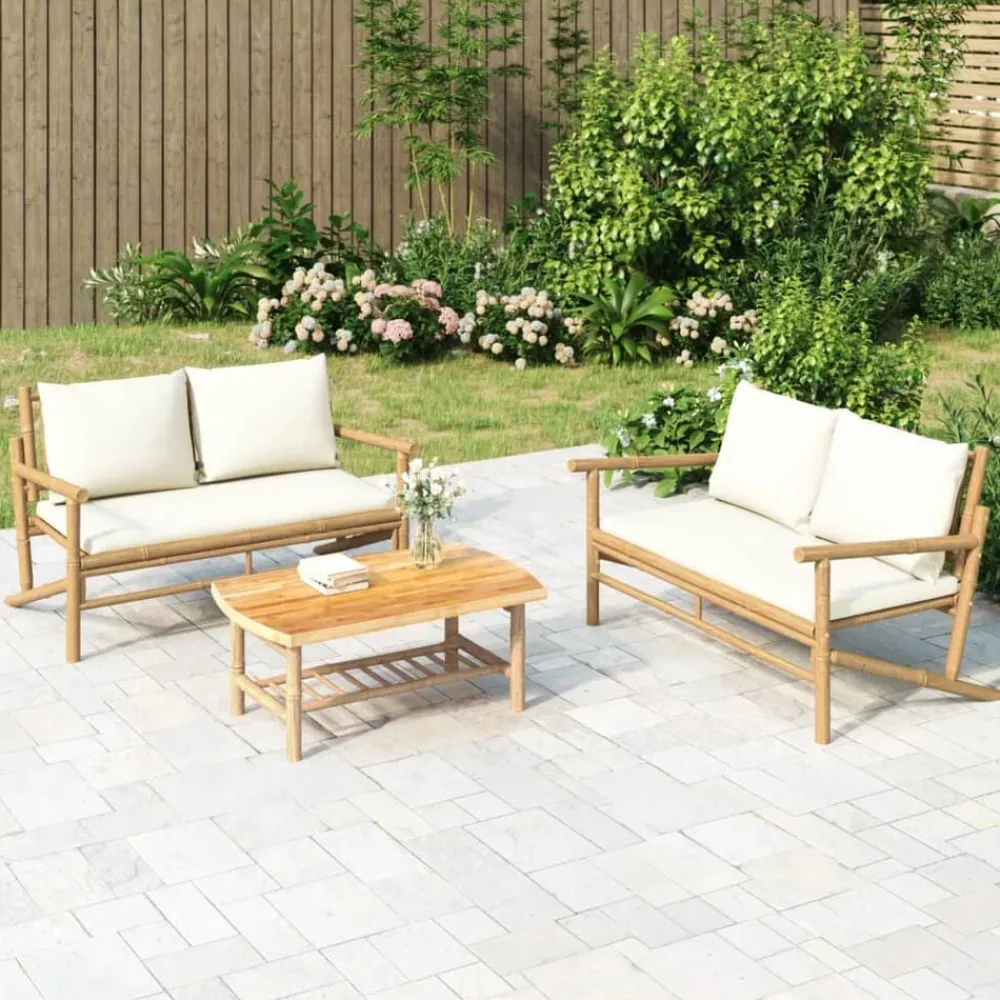 Tuinbank met crèmewitte kussens bamboe>vidaXL Online