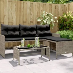 Tuinmeubelen*vidaXL Tuinbank met tafel en kussens L-vormig poly rattan Grijs