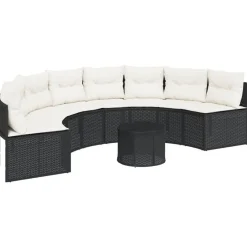 Tuinbank met tafel en kussens halfrond poly rattan zwart>vidaXL Outlet