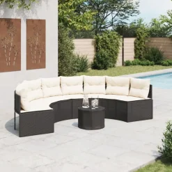 Tuinbank met tafel en kussens halfrond poly rattan zwart>vidaXL Outlet