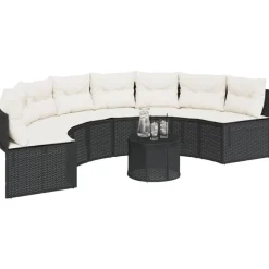 Tuinbank met tafel en kussens halfrond poly rattan zwart><noscript><img width=