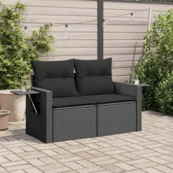 Tuinmeubelen*vidaXL Tuinbank 2-zits met kussens poly rattan Zwart