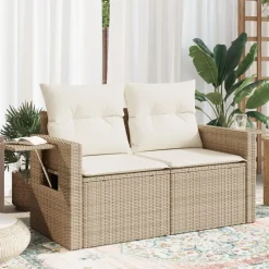 Tuinbank 2-zits met kussens poly rattan beige>vidaXL