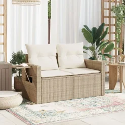 Tuinbank 2-zits met kussens poly rattan beige><noscript><img width=