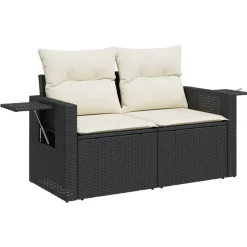 Tuinmeubelen*vidaXL Tuinbank 2-zits met kussens poly rattan zwart Zwart en cr&egrave;me