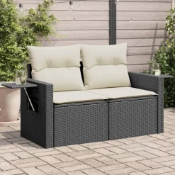 Tuinmeubelen*vidaXL Tuinbank 2-zits met kussens poly rattan zwart Zwart en cr&egrave;me