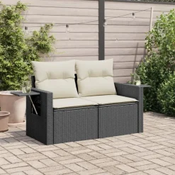 Tuinmeubelen*vidaXL Tuinbank 2-zits met kussens poly rattan zwart Zwart en cr&egrave;me
