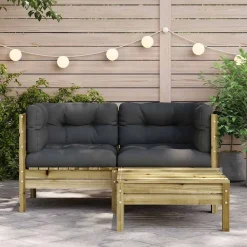 Tuinmeubelen*vidaXL Tuinbank 2-zits met kussens en voetenbank Naturel ge&iuml;mpregneerd