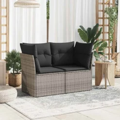 Tuinmeubelen*vidaXL Tuinbank 2-zits met kussens poly rattan Grijs