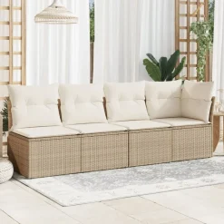 Tuinmeubelen*vidaXL Tuinbank 4-zits met kussens poly rattan beige beige en cr&egrave;mekleurig
