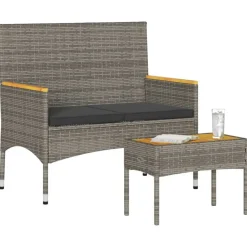 Tuinmeubelen*vidaXL Tuinbank 2-zits met kussens en tafel poly rattan Grijs