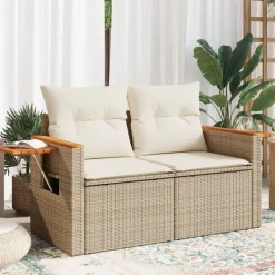 Tuinbank 2-zits met kussens poly rattan beige>vidaXL Sale