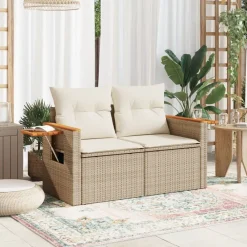 Tuinbank 2-zits met kussens poly rattan beige><noscript><img width=