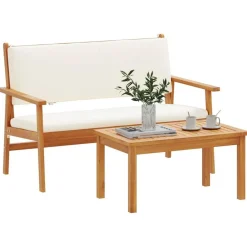 Tuinmeubelen*vidaXL Tuinbankenset met kussen 2 pcs Crème Wit Massief Acaciahout Cr&egrave;mewit