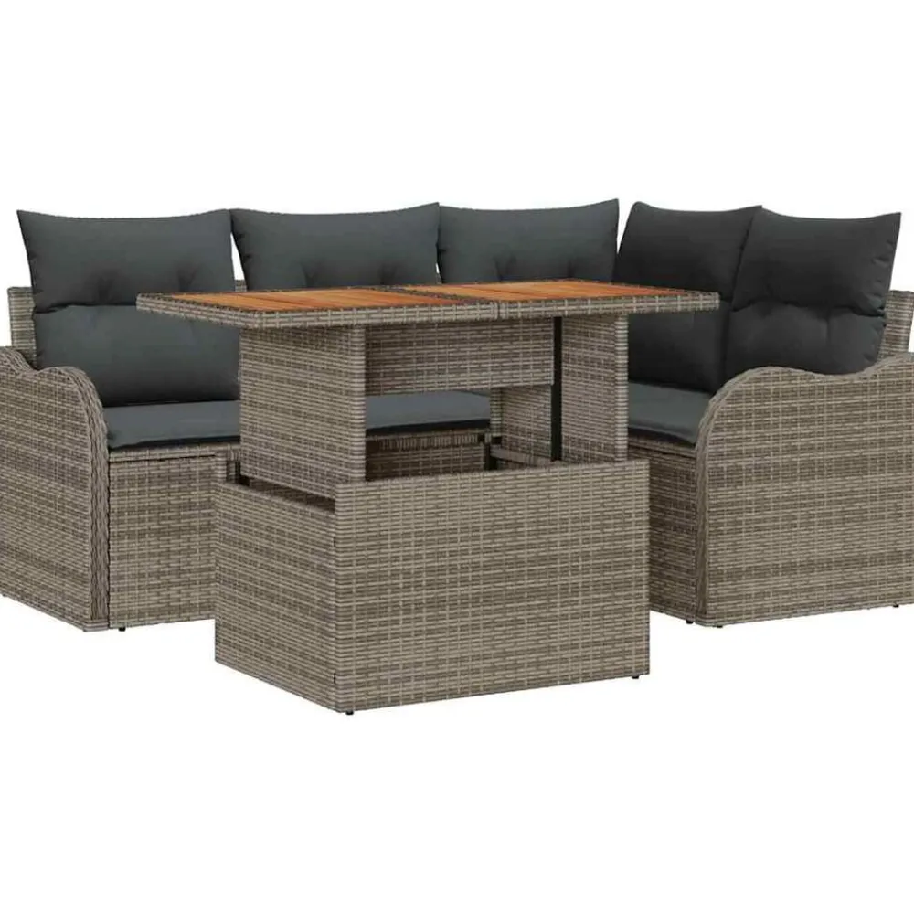 Tuinmeubelen*vidaXL Tuinbankenset met kussen 5 pcs poly rattan Grijs