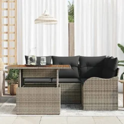 Tuinmeubelen*vidaXL Tuinbankenset met kussen 5 pcs poly rattan Grijs