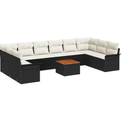Tuinmeubelen*vidaXL Tuinbankenset met kussen 11 pcs Zwart poly rattan Zwart en cr&egrave;me