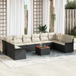 Tuinmeubelen*vidaXL Tuinbankenset met kussen 11 pcs Zwart poly rattan Zwart en cr&egrave;me