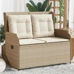 Tuinmeubelen*vidaXL Tuinbankje verstelbaar met kussens poly rattan beige beige en cr&egrave;mekleurig