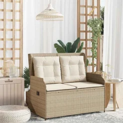 Tuinmeubelen*vidaXL Tuinbankje verstelbaar met kussens poly rattan beige beige en cr&egrave;mekleurig
