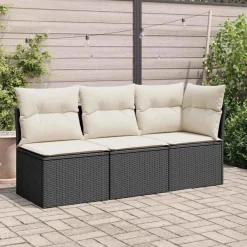 Tuinmeubelen*vidaXL Tuinhoekbank met kussens poly rattan zwart Zwart en cr&egrave;me