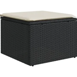 Tuinmeubelen*vidaXL Tuinkruk met kussen 55x55x37 cm poly rattan zwart Zwart en cr&egrave;me
