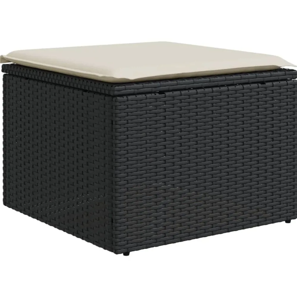 Tuinmeubelen*vidaXL Tuinkruk met kussen 55x55x37 cm poly rattan zwart Zwart en crème