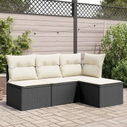 Tuinmeubelen*vidaXL Tuinkruk met kussen 55x55x37 cm poly rattan zwart Zwart en crème