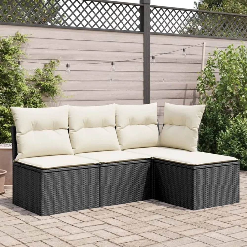 Tuinmeubelen*vidaXL Tuinkruk met kussen 55x55x37 cm poly rattan zwart Zwart en crème